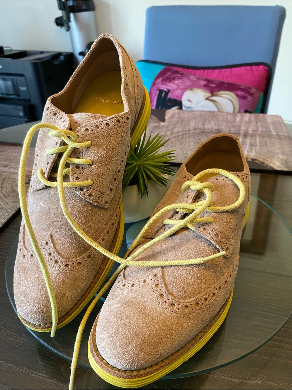 Cole Haan Tan Suede Wingtip Oxfords with Yellow Soles